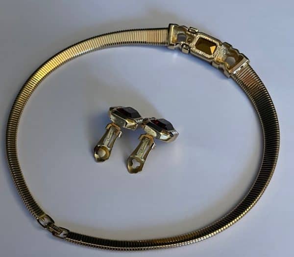 grossÉ vintage amber cabochon diamenté necklace & earrings set 18k plated 1987