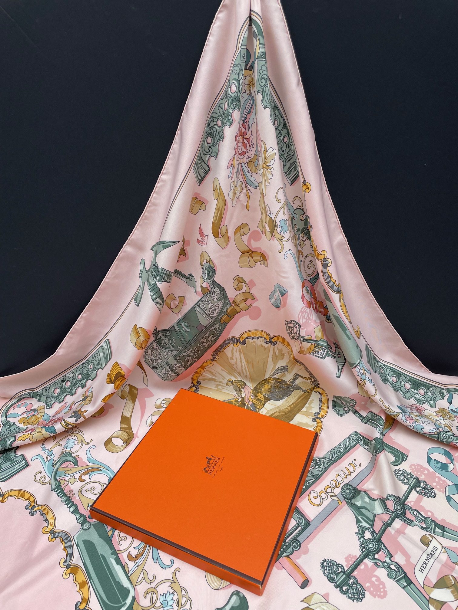 hermÈs silk scarf copeaux by caty latham pink multi 1998 w/box