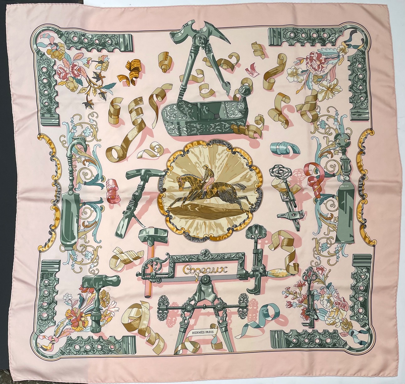 hermÈs silk scarf copeaux by caty latham pink multi 1998 w/box