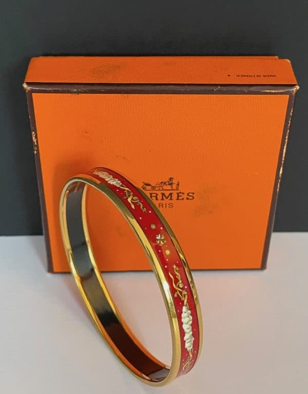 hermÈs vintage bangle red gold bracelet enamel 18k gold plated w/box c.1970s