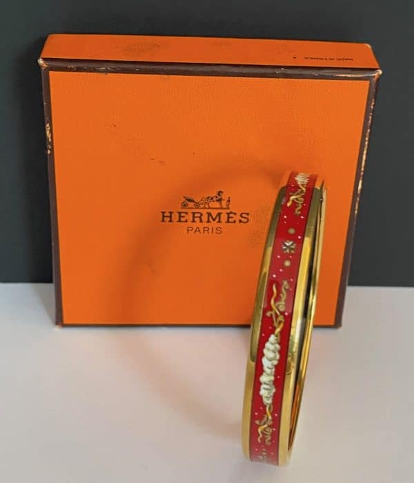hermÈs vintage bangle red gold bracelet enamel 18k gold plated w/box c.1970s