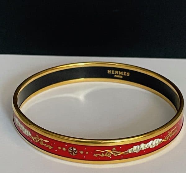 hermÈs vintage bangle red gold bracelet enamel 18k gold plated w/box c.1970s