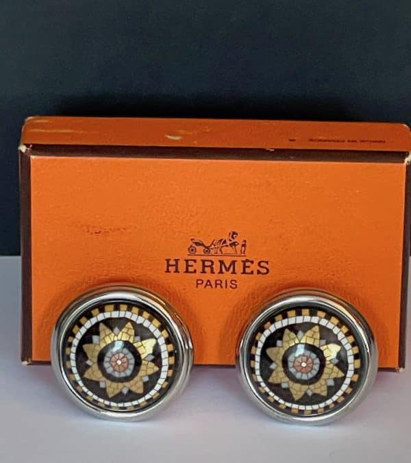 hermÈs vintage round mosaic flower earrings w/box c.1990s