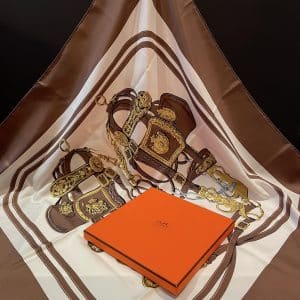 hermÈs vintage silk scarf brides de gala brown by hugo grygkar c.1957 w/box