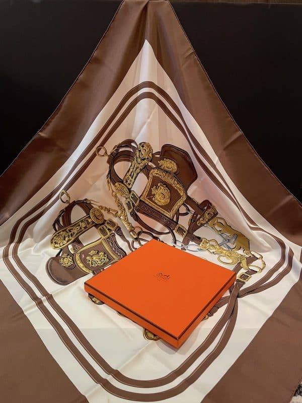 hermÈs vintage silk scarf brides de gala brown by hugo grygkar c.1957 w/box