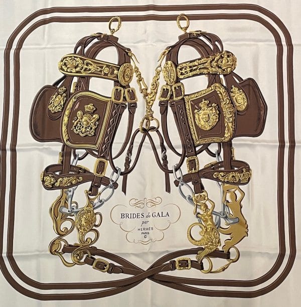 hermÈs vintage silk scarf brides de gala brown by hugo grygkar c.1957 w/box