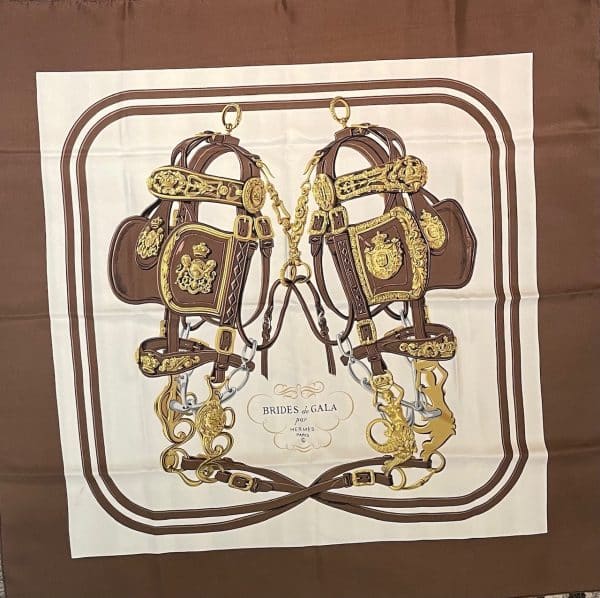 hermÈs vintage silk scarf brides de gala brown by hugo grygkar c.1957 w/box