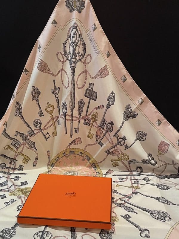 hermÈs vintage silk scarf les clefs by caty latham pink 1965 w/box