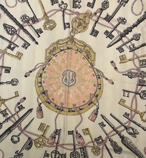hermÈs vintage silk scarf les clefs by caty latham pink 1965 w/box
