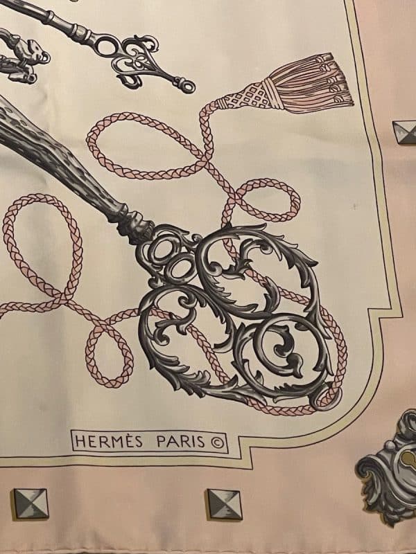 hermÈs vintage silk scarf les clefs by caty latham pink 1965 w/box