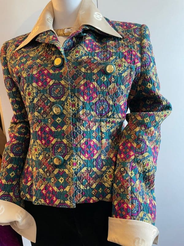 jean louis scherrer vintage logo jewel buttons diamond quilted abstract jacket c.1980s
