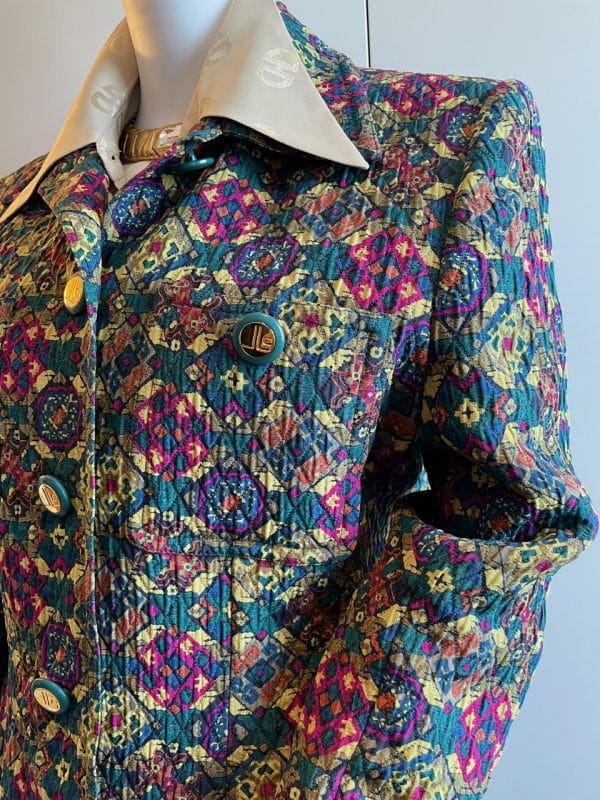 jean louis scherrer vintage logo jewel buttons diamond quilted abstract jacket c.1980s