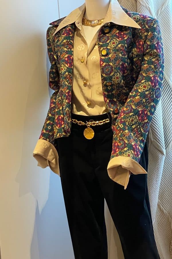 jean louis scherrer vintage logo jewel buttons diamond quilted abstract jacket c.1980s