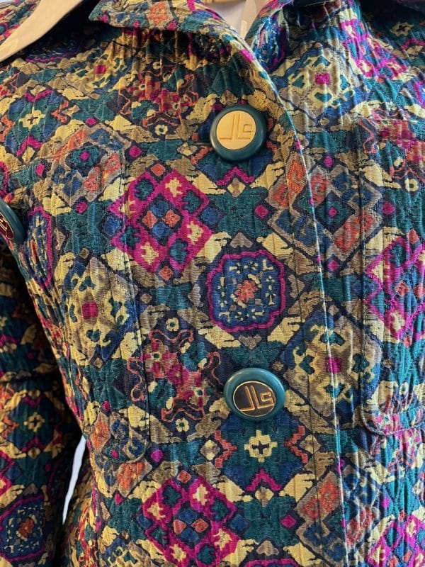 jean louis scherrer vintage logo jewel buttons diamond quilted abstract jacket c.1980s