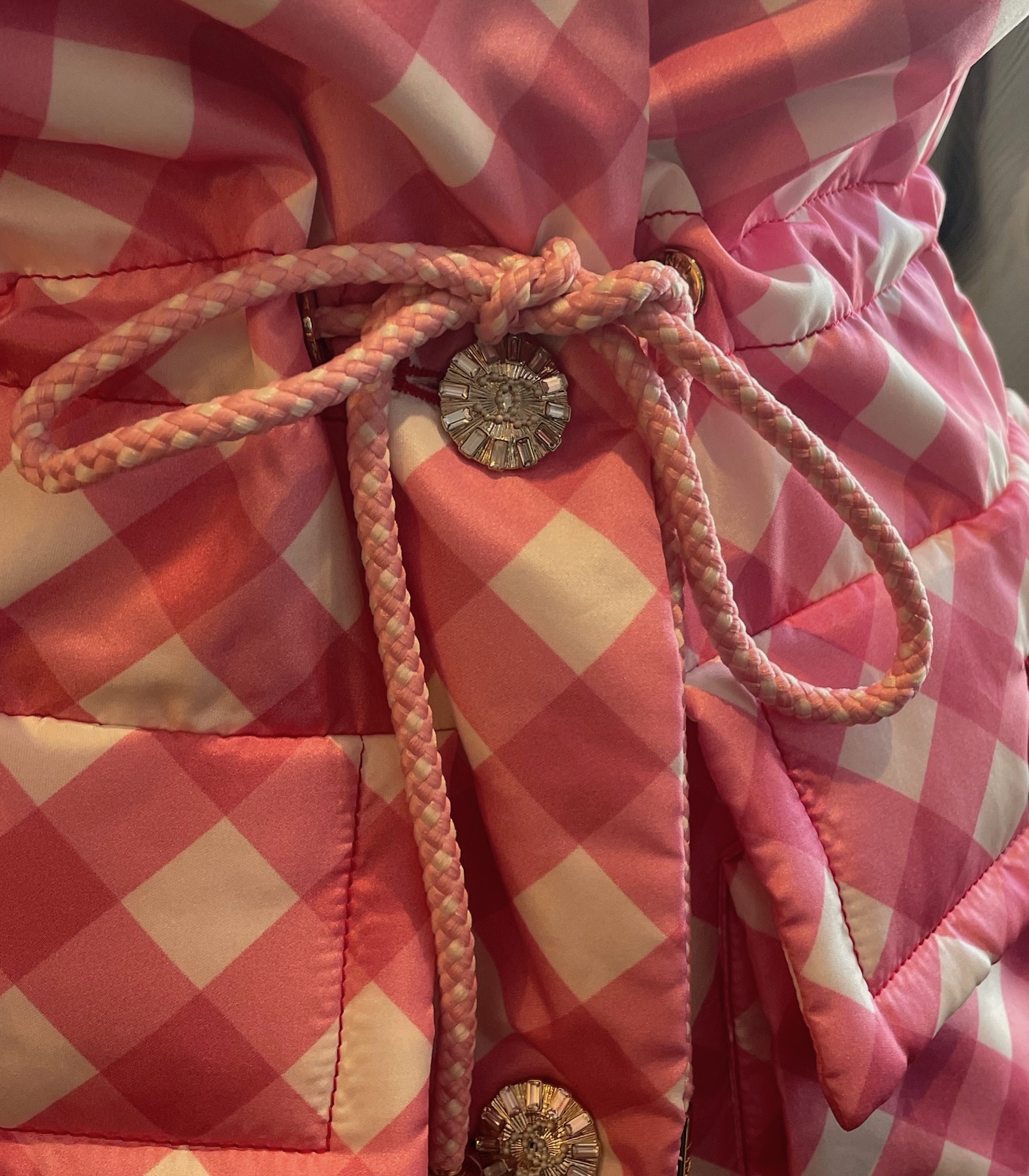 chanel silk pink checkered jacket with chanel cc patches cruise collection 2023