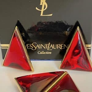 yves saint laurent vintage ysl red large triangle earrings & brooch set c.1980s