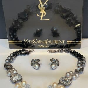 yves saint laurent ysl vintage double strand heart crystal & faceted pearls necklace earrings c.1990s