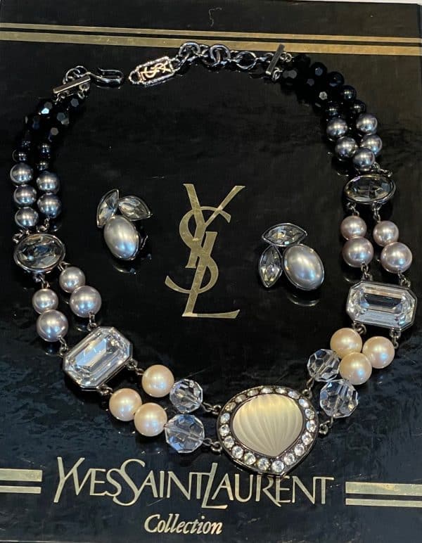yves saint laurent ysl vintage double strand heart crystal & faceted pearls necklace earrings c.1990s