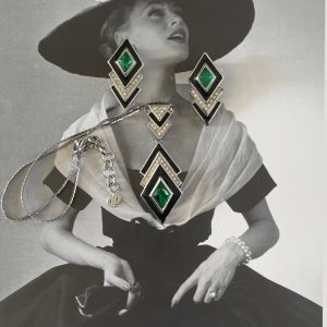 christian dior vintage art deco green cabochon crystal necklace and earrings set c.1980s