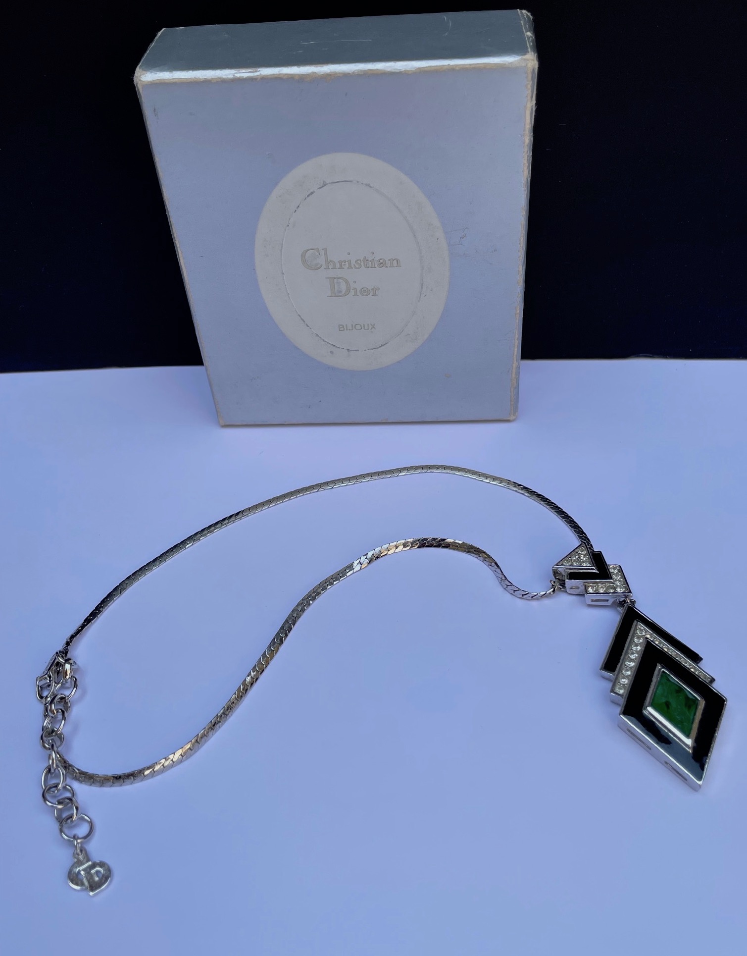 christian dior vintage art deco green cabochon crystal necklace and earrings set c.1980s