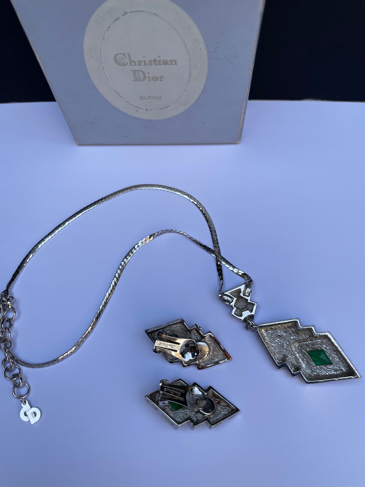 christian dior vintage art deco green cabochon crystal necklace and earrings set c.1980s