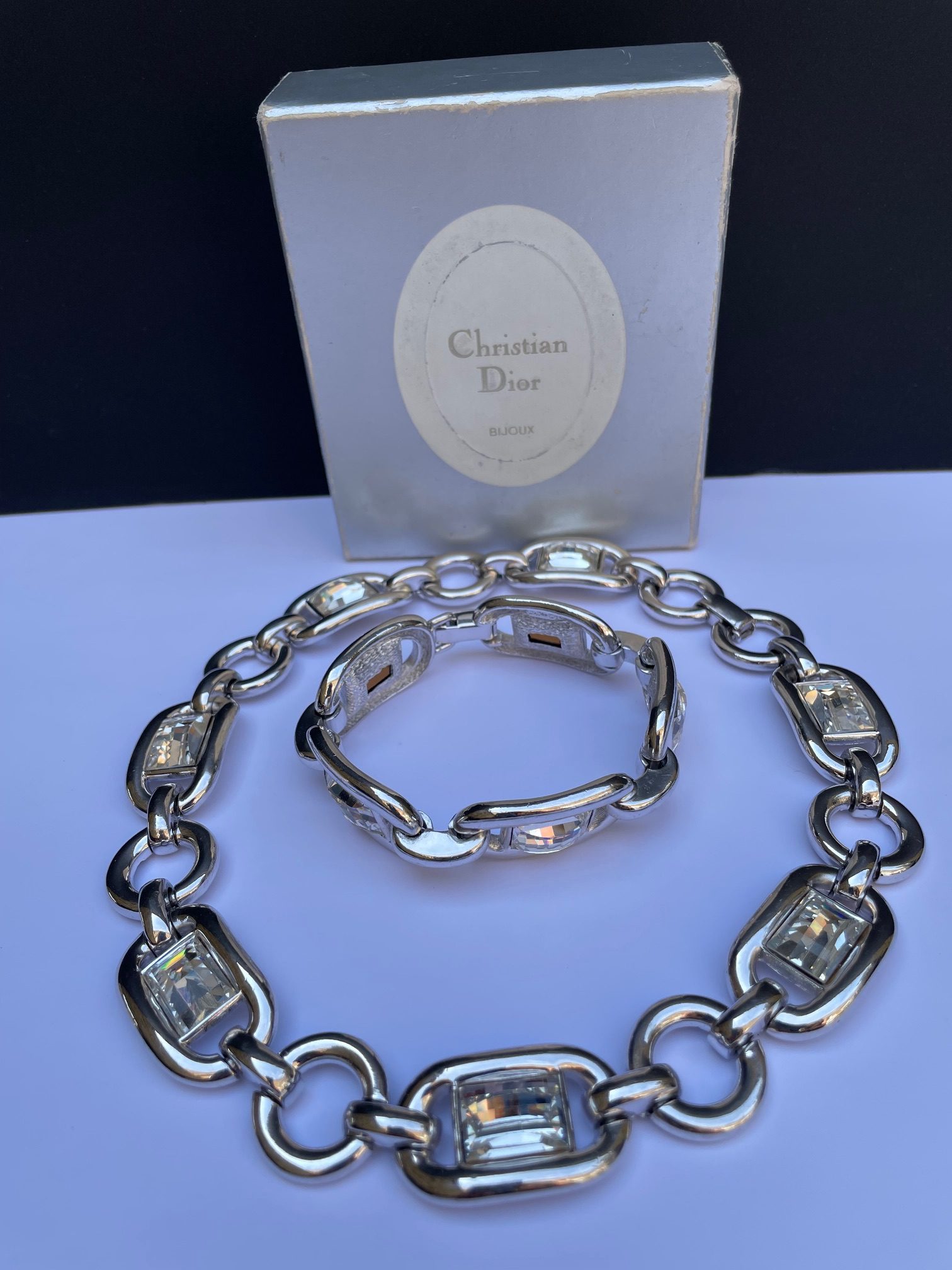 christian dior vintage diamenté cut chaine d'ancre link necklace & bracelet set c.1980s