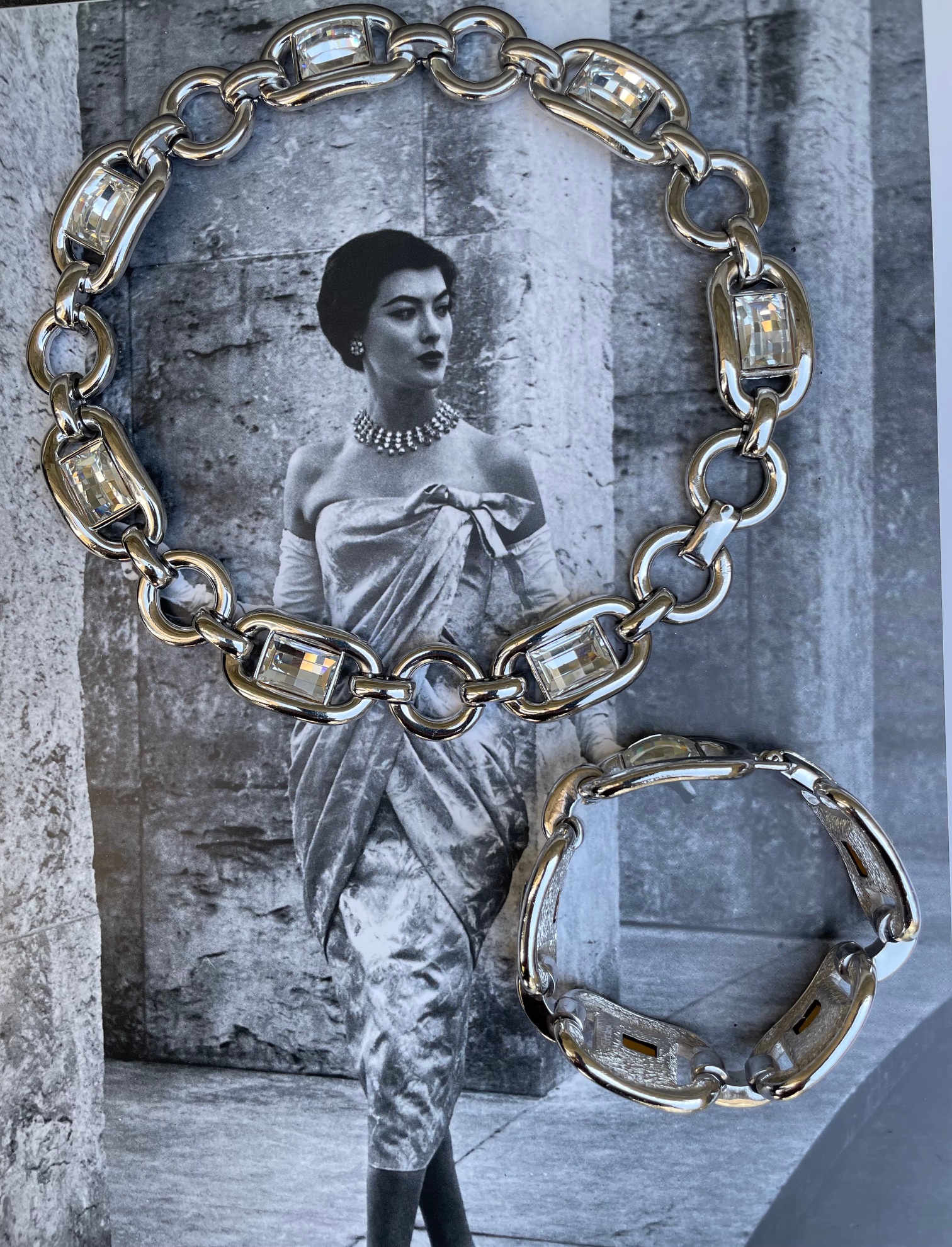 christian dior vintage diamenté cut chaine d'ancre link necklace & bracelet set c.1980s